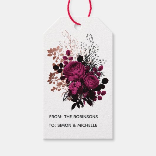 Marsala en Rose Goud Bloemmotief Cadeaulabel (Voorkant)