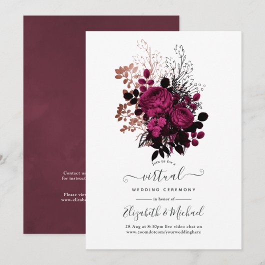 Marsala en Rose Goud Bloemrijke Virtuele Trouwdag Kaart (Voorkant / Achterkant)