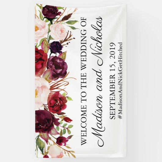 Marsala en Roze Bloemen Bruiloft Banner Decoratie (Verticaal)