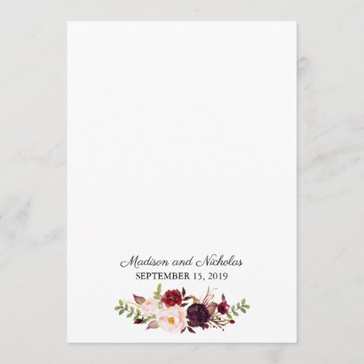 Marsala en Roze Bloemen Bruiloft Menu Kaarten (Achterkant)