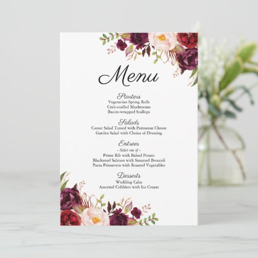 Marsala en Roze Bloemen Bruiloft Menu Kaarten (Staand voorkant)