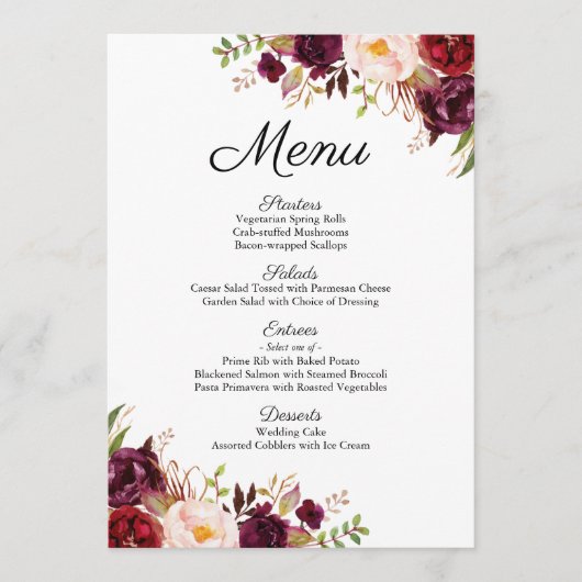 Marsala en Roze Bloemen Bruiloft Menu Kaarten