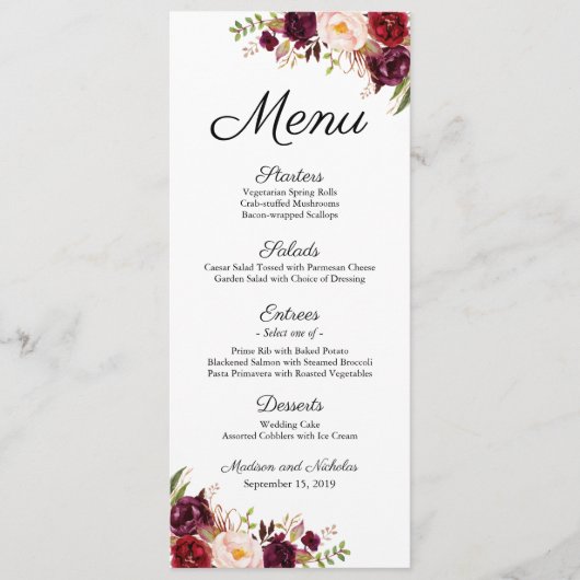 Marsala en Roze Bloemen Bruiloft Menu Rack Kaarten (Voorkant)
