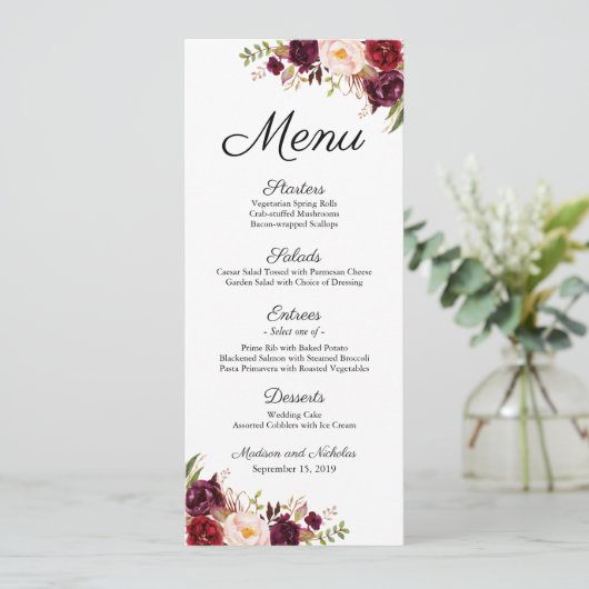 Marsala en Roze Bloemen Bruiloft Menu Rack Kaarten (Staand voorkant)