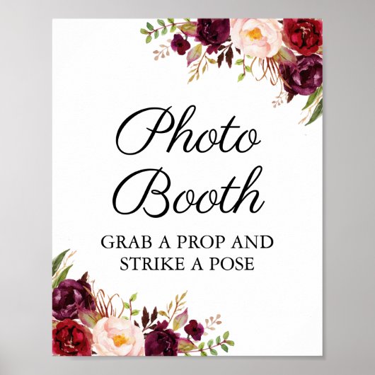 Marsala en Roze Bloemen Huwelijks Foto Booth Bord Poster (Voorkant)