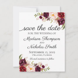 Marsala en roze bloemenbruiloft Save The Date Kaar