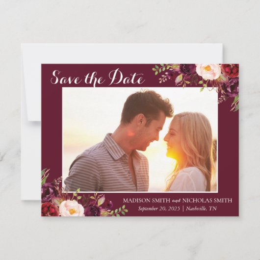 Marsala en roze bloemenfoto Bewaar de datumkaarten Save The Date (Voorkant)
