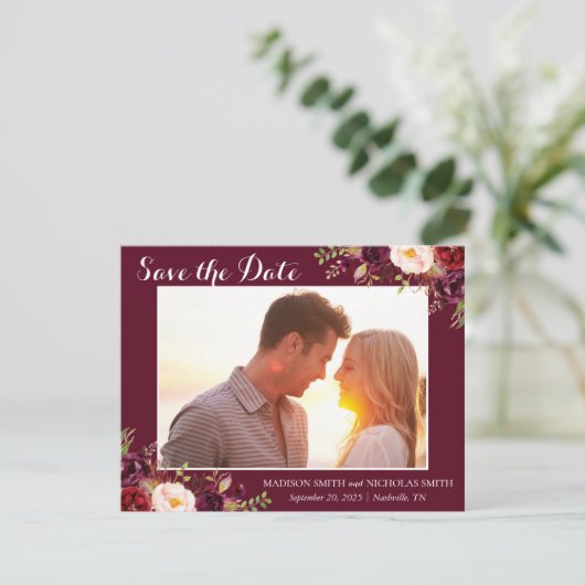 Marsala en roze bloemenfoto Bewaar de datumkaarten Save The Date (Staand voorkant)