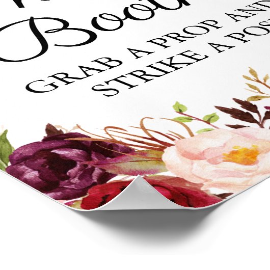 Marsala en Roze Bloemige Huwelijksfotohokje-aanmel Poster (Hoek)