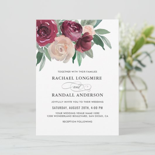 Marsala en Roze Waterverf Bloemen Huwelijk Kaart (Staand voorkant)