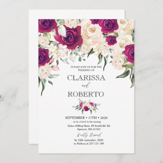 Marsala en witte bloemen bruiloft uitnodiging (Voorkant / Achterkant)