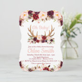 Marsala Floral Antler Baby shower uitnodiging (Staand voorkant)