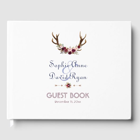 Marsala Floral Antlers marinemacht Blue Fall Weddi Gastenboek (Voorkant)