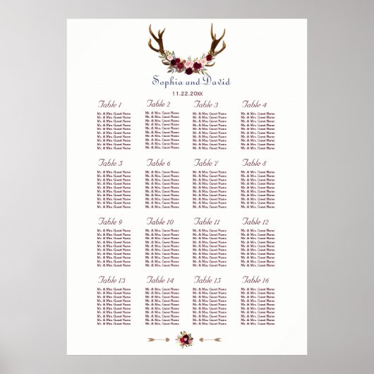 Marsala Floral Antlers marinemacht Blue Fall Weddi Poster (Voorkant)