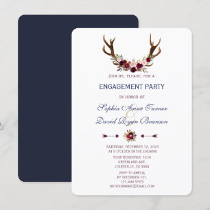 Marsala Floral Antlers Navy Blue Engagement Party Kaart
