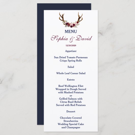 Marsala Floral Antlers Navy Blue Herfst Menu (Voorkant / Achterkant)