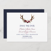 Marsala Floral Antlers Navy Blue Save the Date (Voorkant / Achterkant)