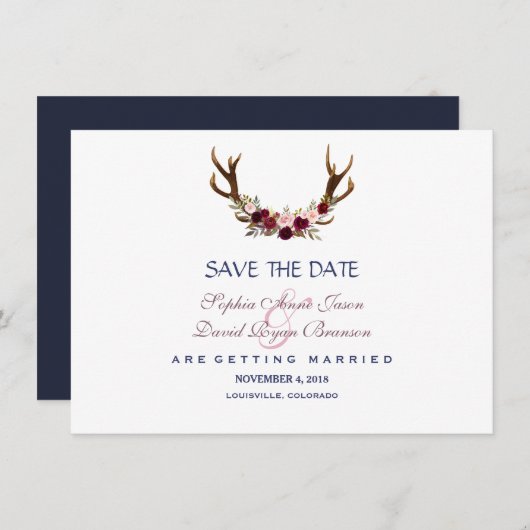 Marsala Floral Antlers Navy Blue Save the Date (Voorkant / Achterkant)
