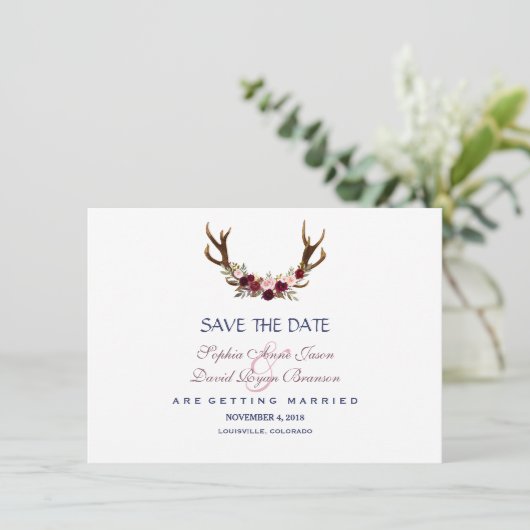 Marsala Floral Antlers Navy Blue Save the Date (Staand voorkant)