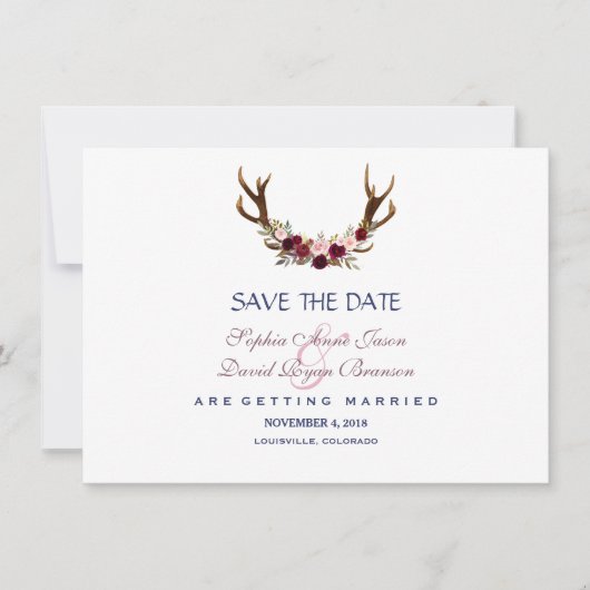 Marsala Floral Antlers Navy Blue Save the Date (Voorkant)