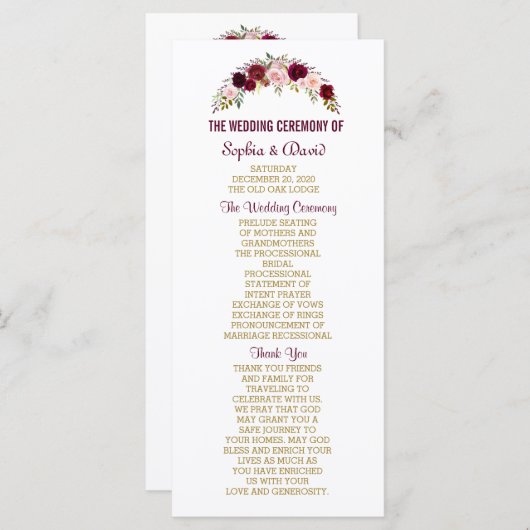 Marsala Floral Antlers Navy Blue Wedding Programme Programmakaart (Voorkant / Achterkant)