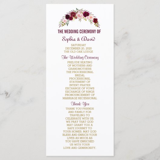 Marsala Floral Antlers Navy Blue Wedding Programme Programmakaart (Voorkant)