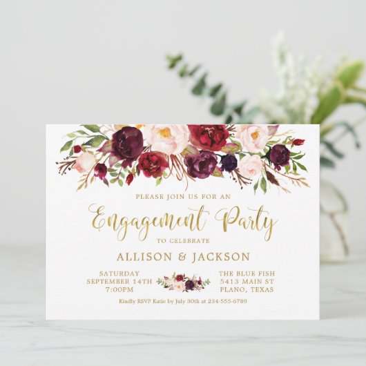 Marsala Floral Autumn Gold Engagement Party Kaart (Staand voorkant)