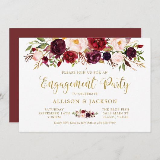 Marsala Floral Autumn Gold Engagement Party Kaart (Voorkant / Achterkant)