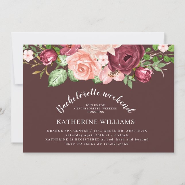 marsala floral Bachelorette weekeinde Uitnodiging (Voorkant)