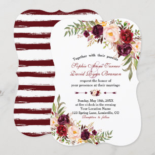 Marsala Floral Burgundy Stripes Wedding Kaart