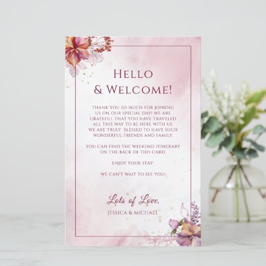 Marsala Floral Elegant Wedding Welkomstreisroute (Staand voorkant)