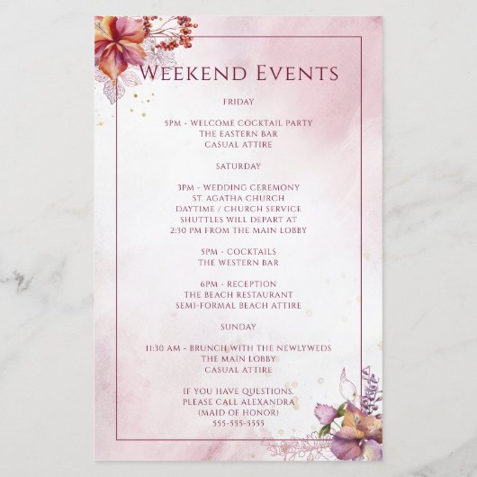 Marsala Floral Elegant Wedding Welkomstreisroute (Achterkant)