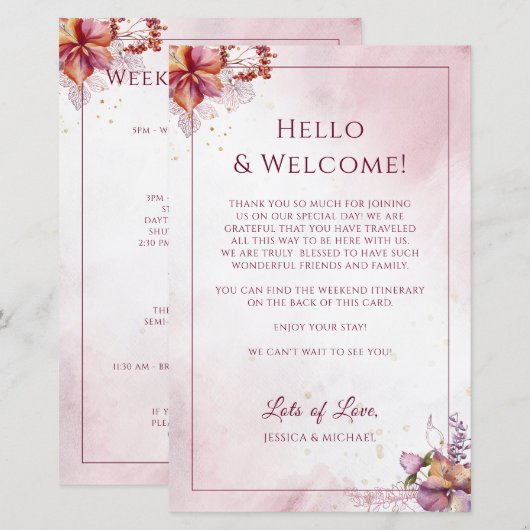 Marsala Floral Elegant Wedding Welkomstreisroute (Voorkant / Achterkant)