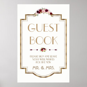 Marsala Floral Gold Fall Wedding Guest Book Sign Poster