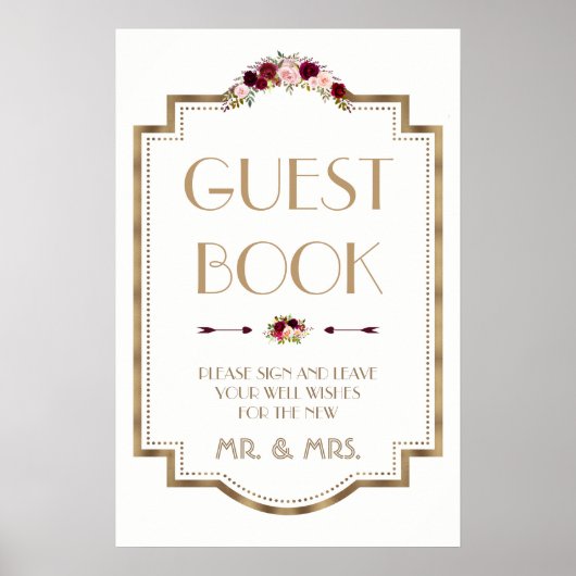 Marsala Floral Gold Fall Wedding Guest Book Sign Poster (Voorkant)