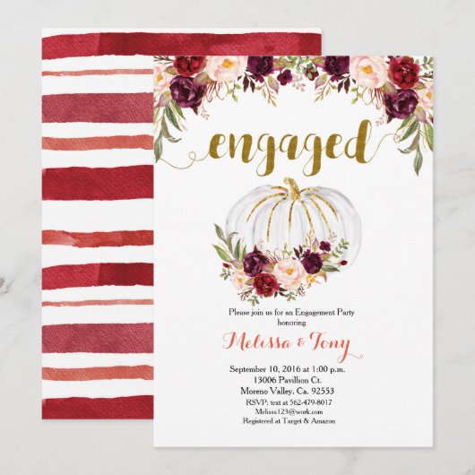 Marsala Floral Gold Glitter verlovingsfeest Kaart (Voorkant / Achterkant)