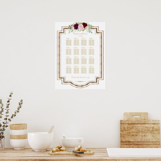 Marsala Floral Gold Wedding Seating Chart Poster (Keuken)