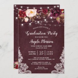 Marsala Floral Lace String Lights Foto Afstuderen Kaart