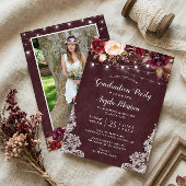 Marsala Floral Lace String Lights Foto Afstuderen Kaart