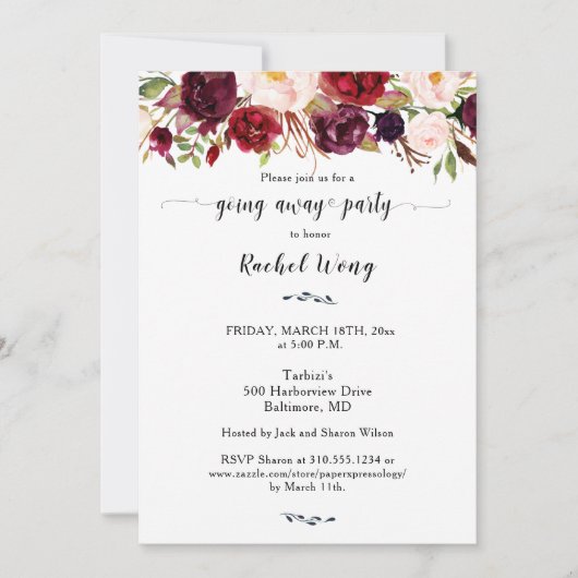 Marsala Floral Moving Away Party Foto Kaart (Voorkant)