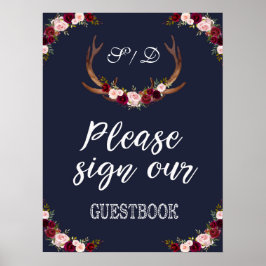Marsala Floral Navy Blue Sign Ons gastenboek Poster