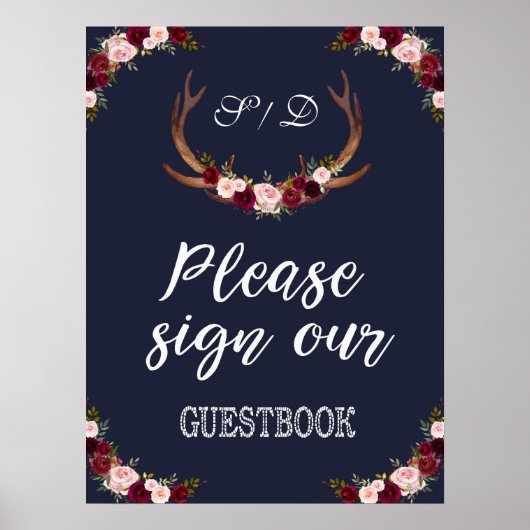 Marsala Floral Navy Blue Sign Ons gastenboek Poster (Voorkant)