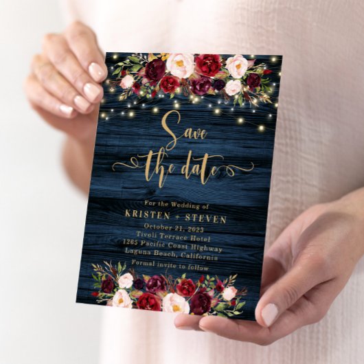 Marsala Floral & Navy Save the Date Invitation Kaart