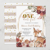 Marsala Floral One Deer Full Girl Eerste Verjaarda Kaart (Voorkant / Achterkant)