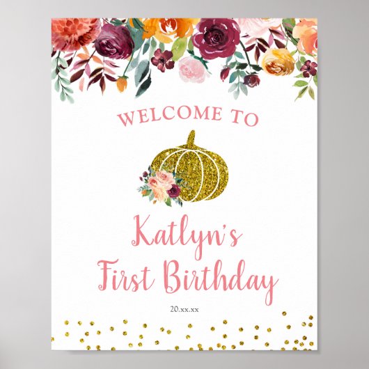 Marsala Floral Pumpkin Birthday Welcome Sign Poster (Voorkant)