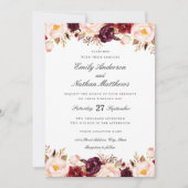 Marsala Floral Red Bourgondië Huwelijksuitnodiging Kaart (Voorkant)