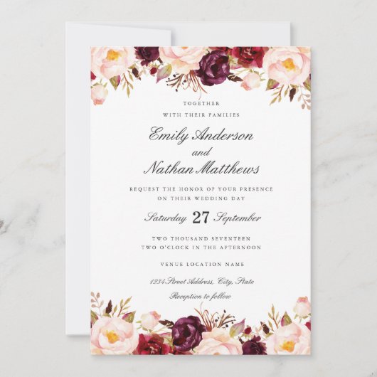 Marsala Floral Red Bourgondië Huwelijksuitnodiging Kaart (Voorkant)