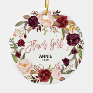 Marsala Floral Roos Gold Bloemenmeisje Keramisch Ornament