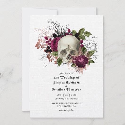 Marsala Floral Skull Halloween Gothic Wedding Kaart (Voorkant)