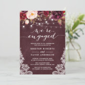 Marsala Floral String Lights Lace Engagement Party Kaart (Staand voorkant)